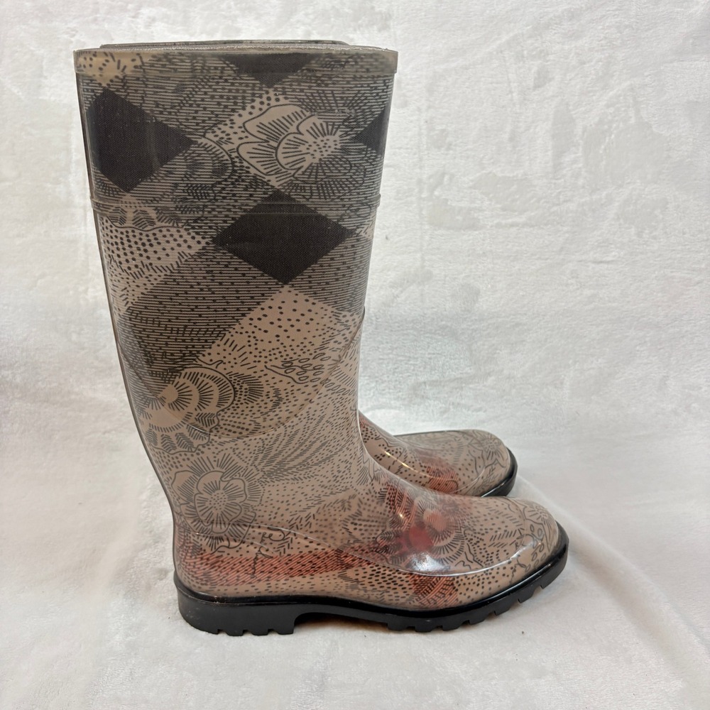 Burberry Rain Boots Women Size 40 Tan Nova Check Floral Tall Rubber GUC - Picture 4 of 14